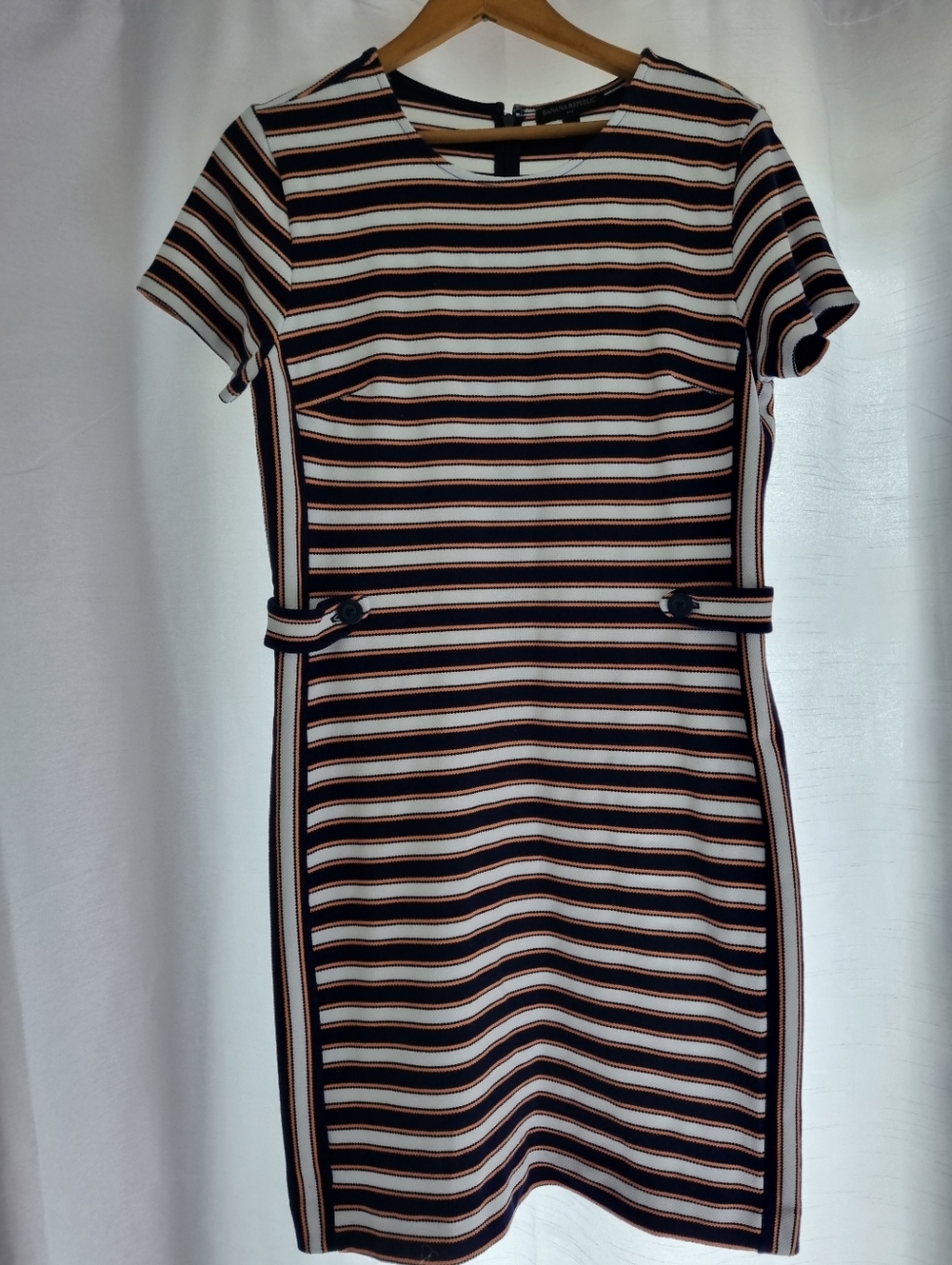 Banana Republic Striped Black, White & Brown Short-Sleeve Sheath Dress, Size 12.